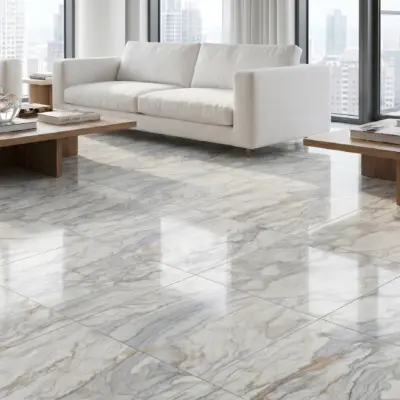Sala luminosa con ventanas grandes, sofás color hueso y un piso de cerámica mármol Ferrara