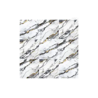 Cerámica Mármol Lunetto de color gris, estilo mármol y acabado cristalino puesto en un panel de 9 piezas
