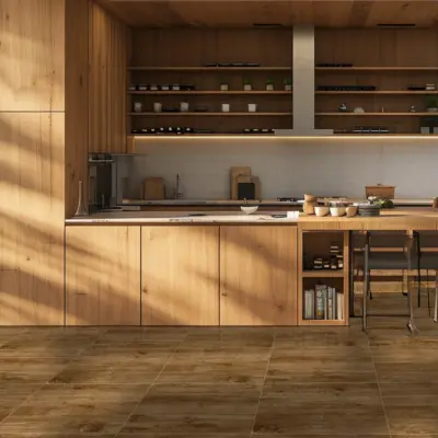 Cocina con iluminación natural, con almacenes y repisas de madera, con un piso de cerámica estilo madera Norven Brunette
