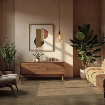 Sala con iluminación cálida y natural, tonos cafe y beige, con un piso de cerámica madera Norven Honey