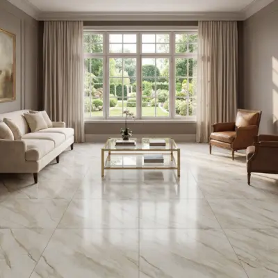 Sala luminosa con gran ventanal y vista al patio, amoblada y con un piso de cerámica estilo mármol Ravena Avorio