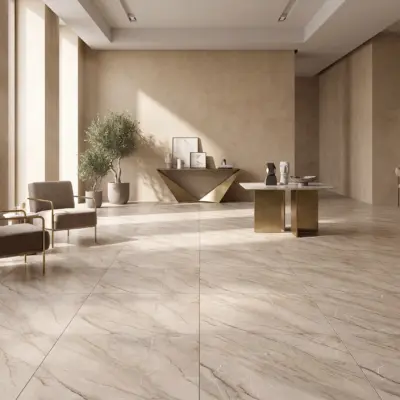 Sala De Espera Amplia Y Luminosa Con Ventanales Grandes, Sofás Beige Y Un Piso De Cerámica Mármol Ravena Duna