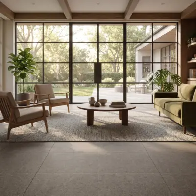Sala luminosa con gran ventanal, plantas de interior, amoblada y con un piso de cerámica estilo rústico Suede