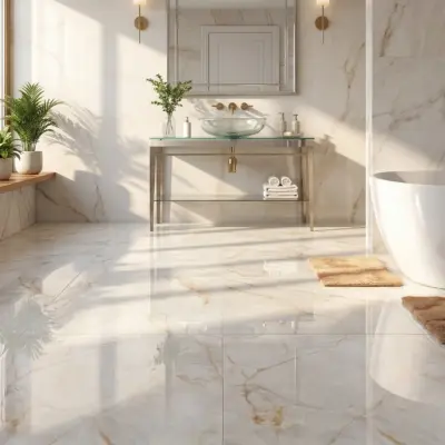 Baño amplio con iluminación natural, tina blanca y un piso de cerámica mármol Torino Avorio