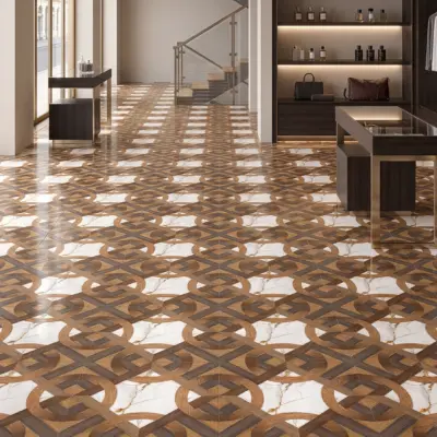 Sala Luminosa Con Repisasde Madera Y Un Guardaropa, Con Un Piso De Cerámica Madera Travia De Aura Cerámicos